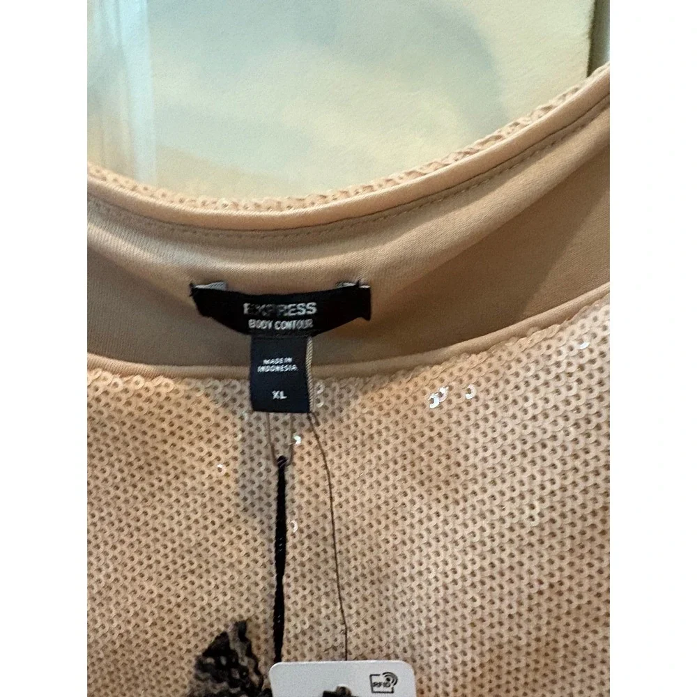 New Express Body Contour Sequin beige Bodysuit Sleeveless Top Party XL - Picture 3 of 10